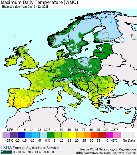 Europe Maximum Daily Temperature (WMO) Thematic Map For 12/6/2021 - 12/12/2021