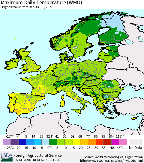 Europe Maximum Daily Temperature (WMO) Thematic Map For 12/13/2021 - 12/19/2021