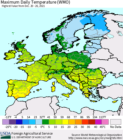 Europe Maximum Daily Temperature (WMO) Thematic Map For 12/20/2021 - 12/26/2021
