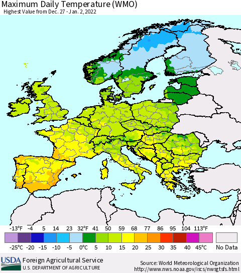 Europe Maximum Daily Temperature (WMO) Thematic Map For 12/27/2021 - 1/2/2022
