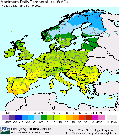 Europe Maximum Daily Temperature (WMO) Thematic Map For 1/3/2022 - 1/9/2022