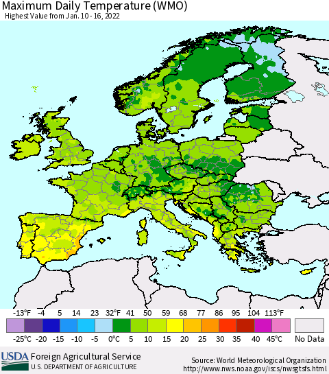 Europe Maximum Daily Temperature (WMO) Thematic Map For 1/10/2022 - 1/16/2022