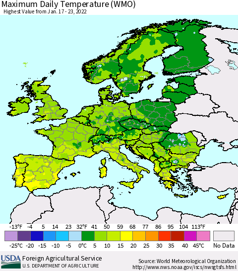 Europe Maximum Daily Temperature (WMO) Thematic Map For 1/17/2022 - 1/23/2022