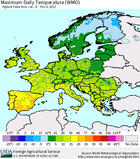 Europe Maximum Daily Temperature (WMO) Thematic Map For 1/31/2022 - 2/6/2022