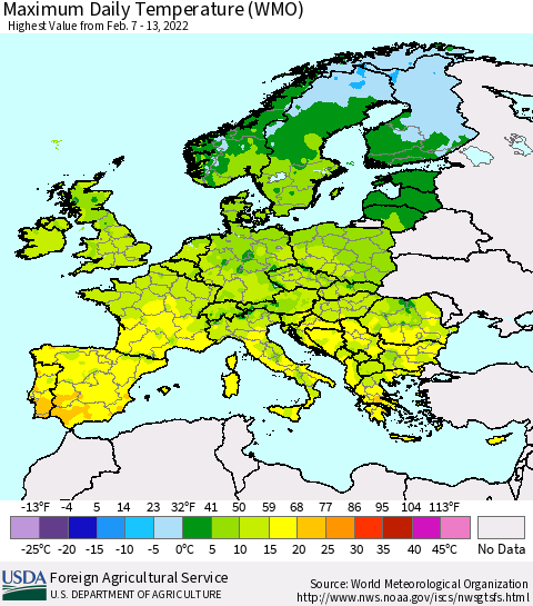 Europe Maximum Daily Temperature (WMO) Thematic Map For 2/7/2022 - 2/13/2022