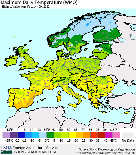 Europe Maximum Daily Temperature (WMO) Thematic Map For 2/14/2022 - 2/20/2022