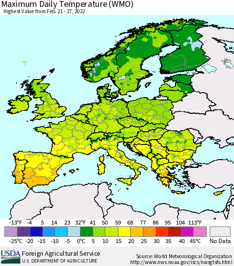 Europe Maximum Daily Temperature (WMO) Thematic Map For 2/21/2022 - 2/27/2022