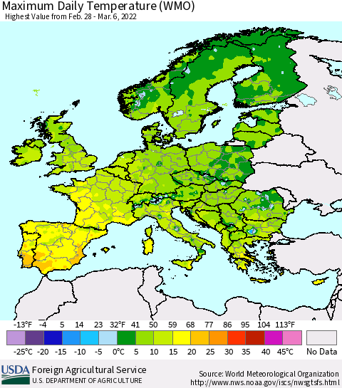 Europe Maximum Daily Temperature (WMO) Thematic Map For 2/28/2022 - 3/6/2022