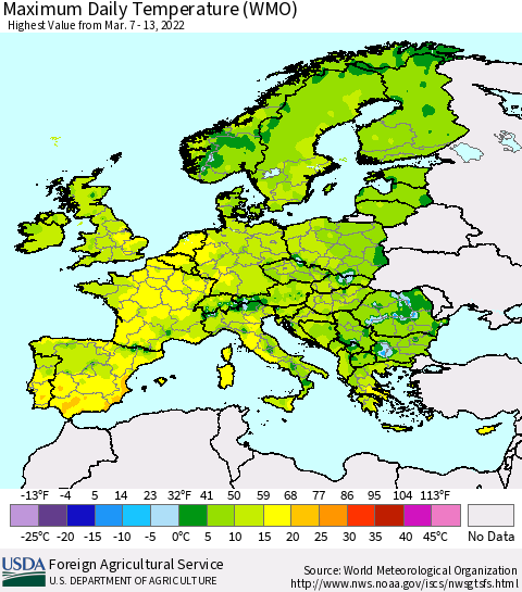 Europe Maximum Daily Temperature (WMO) Thematic Map For 3/7/2022 - 3/13/2022