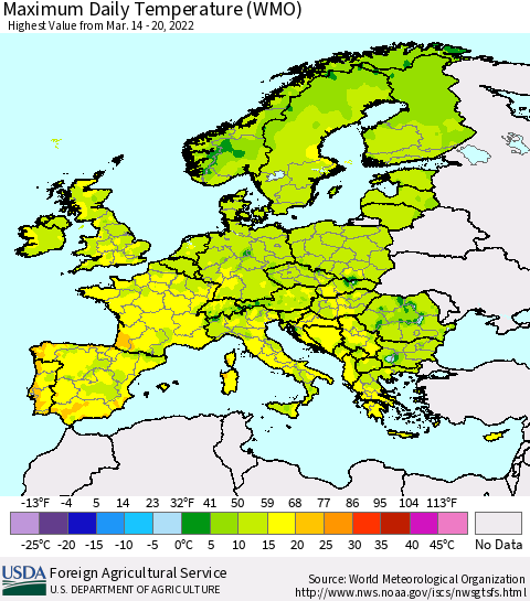 Europe Maximum Daily Temperature (WMO) Thematic Map For 3/14/2022 - 3/20/2022