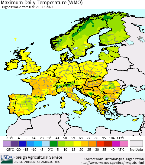 Europe Maximum Daily Temperature (WMO) Thematic Map For 3/21/2022 - 3/27/2022