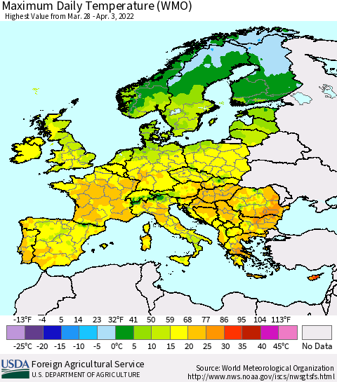 Europe Maximum Daily Temperature (WMO) Thematic Map For 3/28/2022 - 4/3/2022