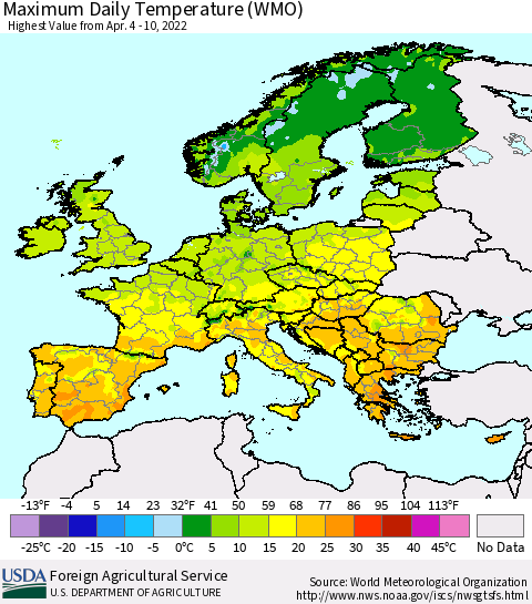 Europe Maximum Daily Temperature (WMO) Thematic Map For 4/4/2022 - 4/10/2022