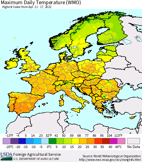 Europe Maximum Daily Temperature (WMO) Thematic Map For 4/11/2022 - 4/17/2022