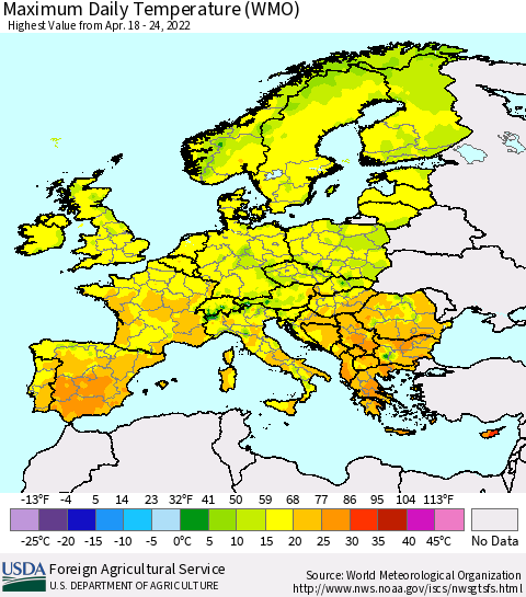 Europe Maximum Daily Temperature (WMO) Thematic Map For 4/18/2022 - 4/24/2022