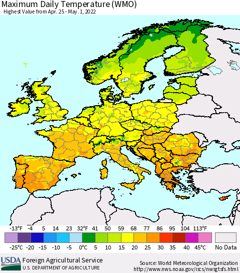 Europe Maximum Daily Temperature (WMO) Thematic Map For 4/25/2022 - 5/1/2022