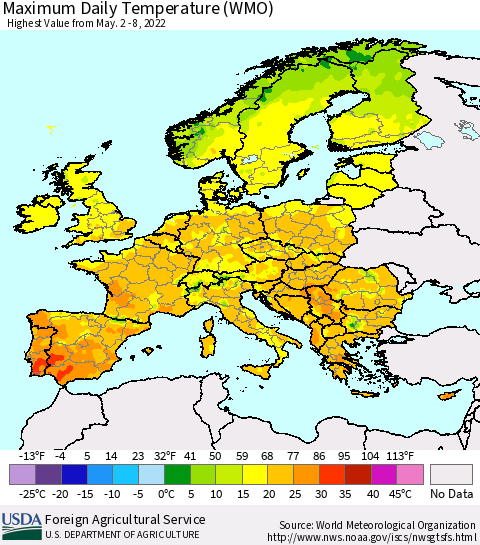 Europe Maximum Daily Temperature (WMO) Thematic Map For 5/2/2022 - 5/8/2022