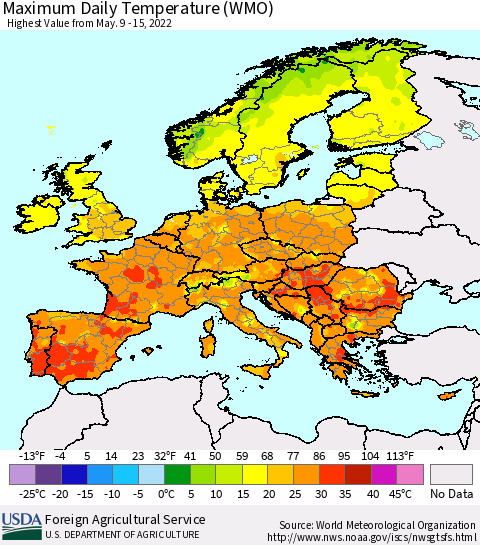 Europe Maximum Daily Temperature (WMO) Thematic Map For 5/9/2022 - 5/15/2022
