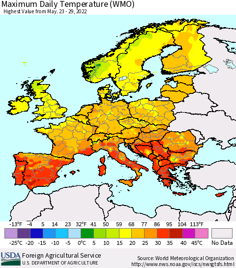 Europe Maximum Daily Temperature (WMO) Thematic Map For 5/23/2022 - 5/29/2022