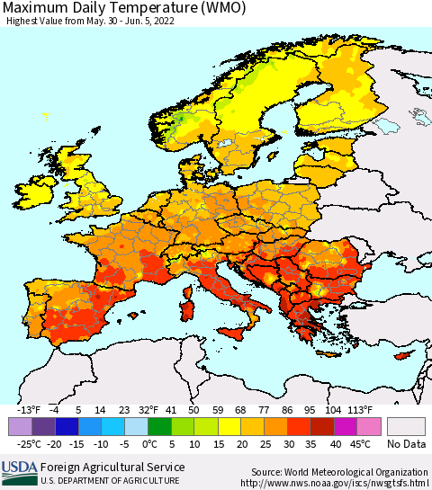 Europe Maximum Daily Temperature (WMO) Thematic Map For 5/30/2022 - 6/5/2022