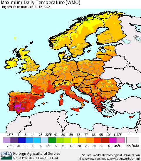 Europe Maximum Daily Temperature (WMO) Thematic Map For 6/6/2022 - 6/12/2022