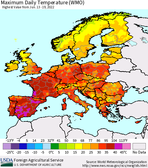 Europe Maximum Daily Temperature (WMO) Thematic Map For 6/13/2022 - 6/19/2022