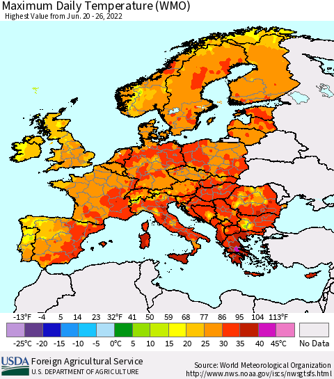 Europe Maximum Daily Temperature (WMO) Thematic Map For 6/20/2022 - 6/26/2022