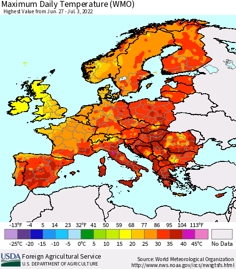 Europe Maximum Daily Temperature (WMO) Thematic Map For 6/27/2022 - 7/3/2022