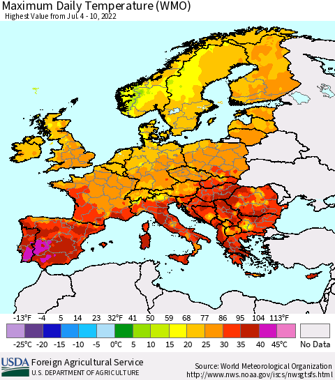 Europe Maximum Daily Temperature (WMO) Thematic Map For 7/4/2022 - 7/10/2022
