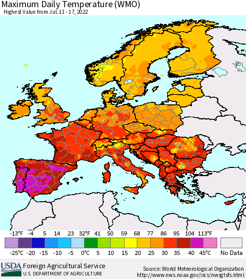 Europe Maximum Daily Temperature (WMO) Thematic Map For 7/11/2022 - 7/17/2022