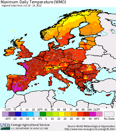 Europe Maximum Daily Temperature (WMO) Thematic Map For 7/18/2022 - 7/24/2022