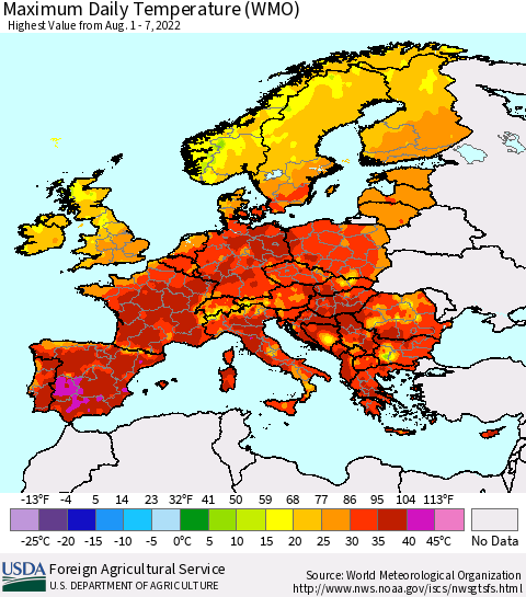 Europe Maximum Daily Temperature (WMO) Thematic Map For 8/1/2022 - 8/7/2022