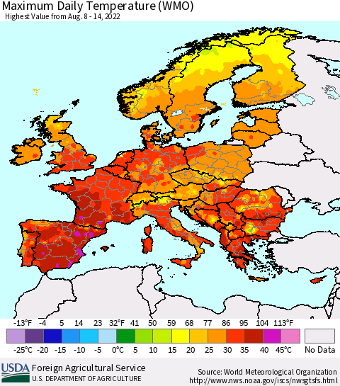 Europe Maximum Daily Temperature (WMO) Thematic Map For 8/8/2022 - 8/14/2022