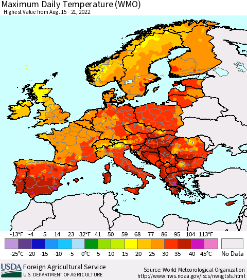 Europe Maximum Daily Temperature (WMO) Thematic Map For 8/15/2022 - 8/21/2022