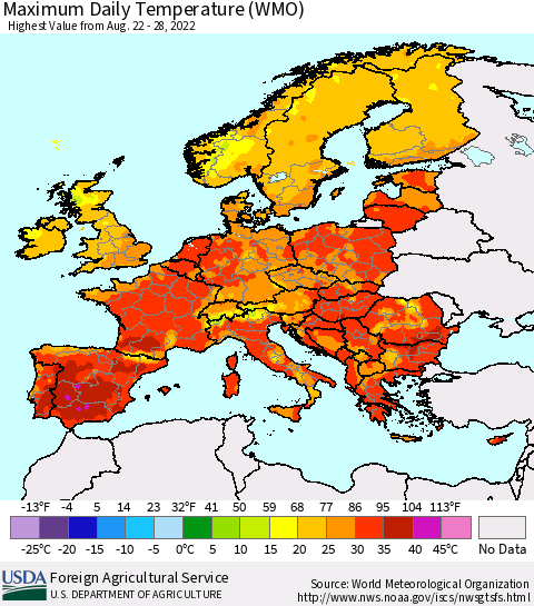 Europe Maximum Daily Temperature (WMO) Thematic Map For 8/22/2022 - 8/28/2022