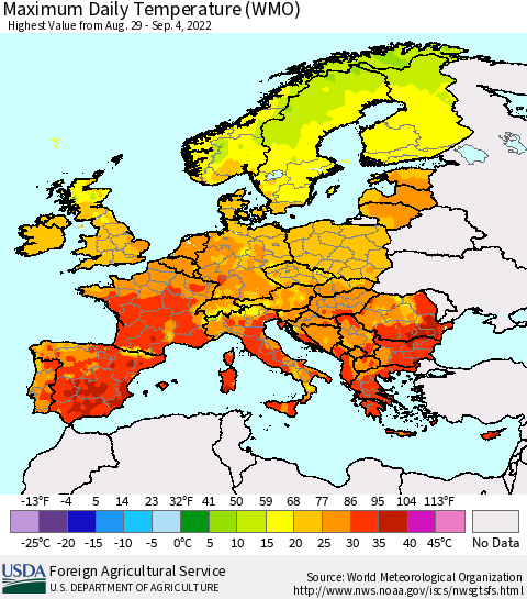 Europe Maximum Daily Temperature (WMO) Thematic Map For 8/29/2022 - 9/4/2022
