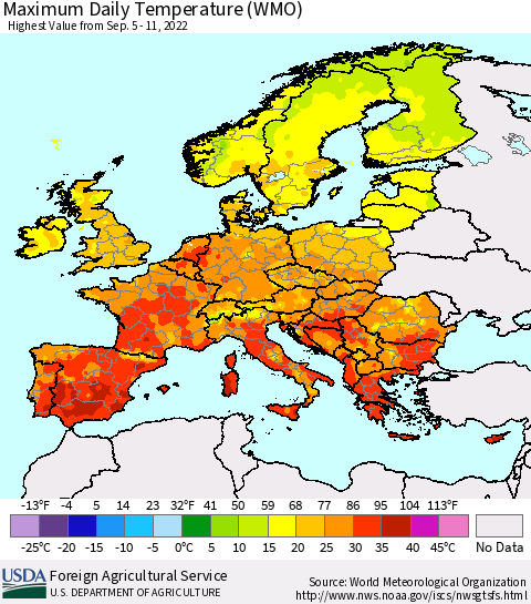 Europe Maximum Daily Temperature (WMO) Thematic Map For 9/5/2022 - 9/11/2022