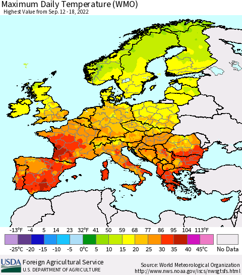Europe Maximum Daily Temperature (WMO) Thematic Map For 9/12/2022 - 9/18/2022