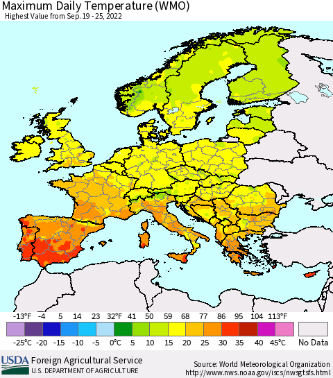 Europe Maximum Daily Temperature (WMO) Thematic Map For 9/19/2022 - 9/25/2022