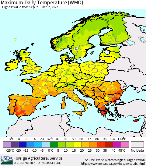 Europe Maximum Daily Temperature (WMO) Thematic Map For 9/26/2022 - 10/2/2022