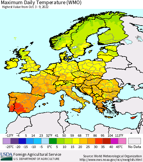 Europe Maximum Daily Temperature (WMO) Thematic Map For 10/3/2022 - 10/9/2022
