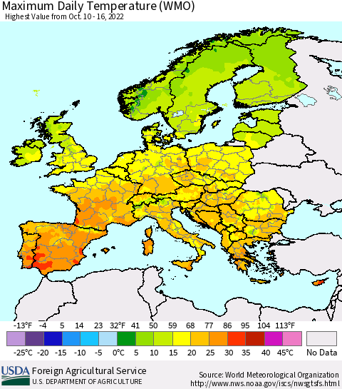 Europe Maximum Daily Temperature (WMO) Thematic Map For 10/10/2022 - 10/16/2022