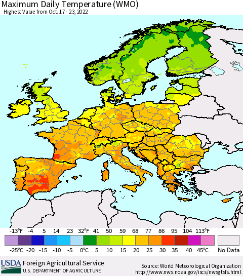 Europe Maximum Daily Temperature (WMO) Thematic Map For 10/17/2022 - 10/23/2022