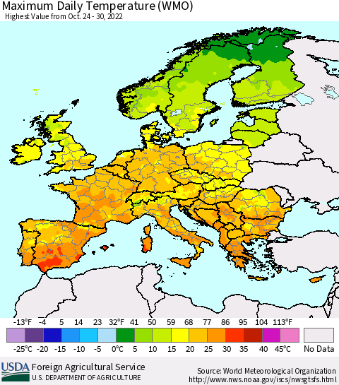 Europe Maximum Daily Temperature (WMO) Thematic Map For 10/24/2022 - 10/30/2022