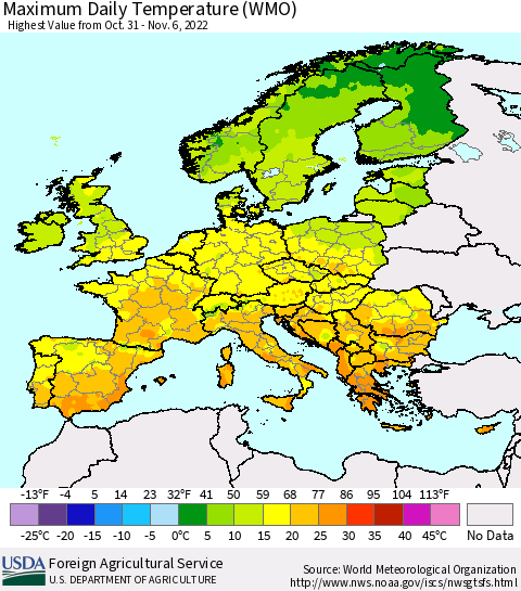 Europe Maximum Daily Temperature (WMO) Thematic Map For 10/31/2022 - 11/6/2022