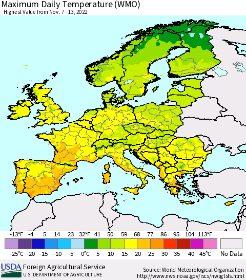 Europe Maximum Daily Temperature (WMO) Thematic Map For 11/7/2022 - 11/13/2022