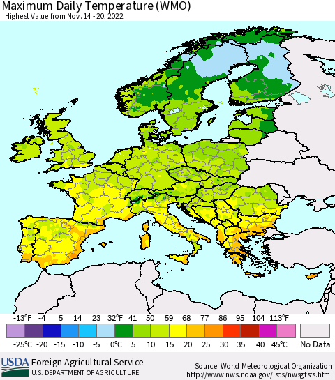 Europe Maximum Daily Temperature (WMO) Thematic Map For 11/14/2022 - 11/20/2022
