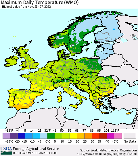 Europe Maximum Daily Temperature (WMO) Thematic Map For 11/21/2022 - 11/27/2022