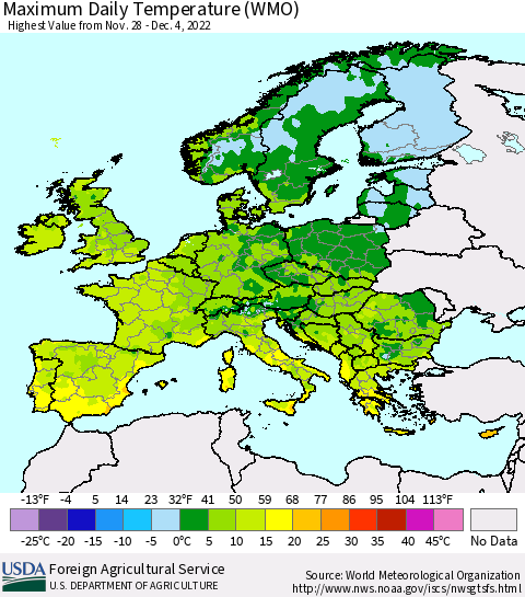 Europe Maximum Daily Temperature (WMO) Thematic Map For 11/28/2022 - 12/4/2022