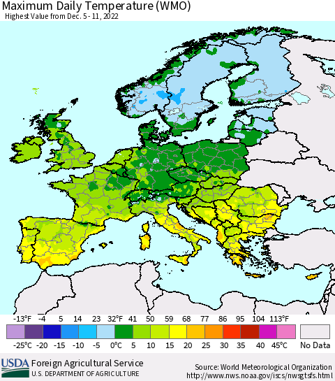 Europe Maximum Daily Temperature (WMO) Thematic Map For 12/5/2022 - 12/11/2022